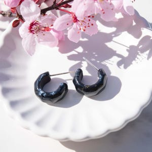 Kaleidoscope Hoops in Black Pearl | Geometric Acetate Resin Huggie Hoop Earrings Sterling Silver Posts Men’s Unisex