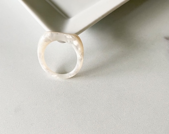 Square Dome Ring in White Pearl | Mother of Pearl Tortoise Shell Acetate Resin Stacking Statement Ring