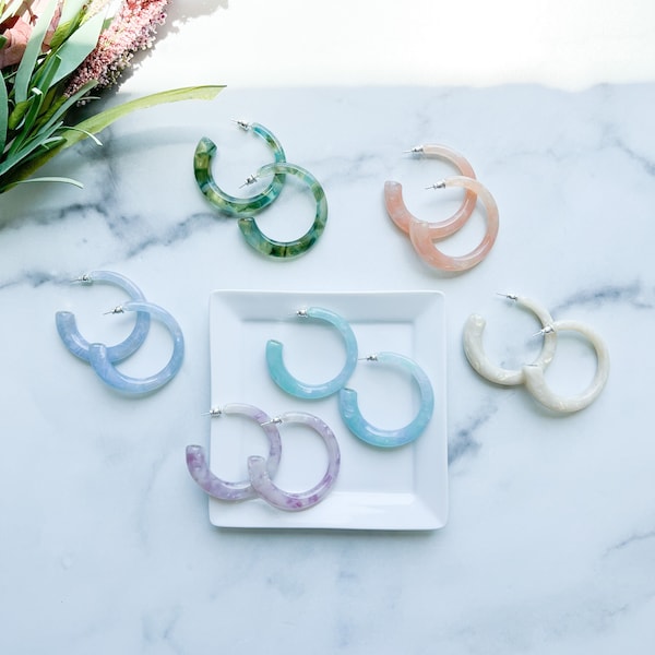 Sfera Hoop Collection | 55mm Large Statement Geometric Square Round Italian Cellulose Acetate Hoops 925 Sterling Silver Posts