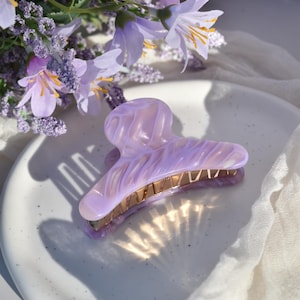 Könnte beinhalten: Ein lilafarbener Haarklammer aus Kunststoff mit einem Wirbelmuster und einem goldenen Metallverschluss.