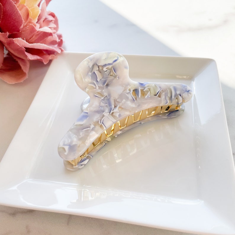 French Claw in Ajisai Blue White Floral Hydrangea Acetate Hair Clip Gold Strong Stainless Steel image 2