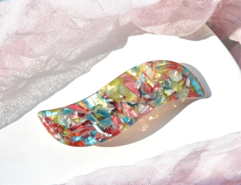 Wave Barrette in Watercolor Teal Yellow Red French Barrette Snap Hair Clip Non Slip image 1