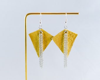 Yellow Leather Diamond with Silver Chain Detail Earrings