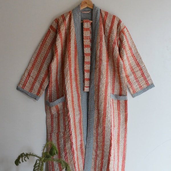 Kimono kantha imprimé en coton doux, kimono kantha indien fait main, maxi long imprimé floral, robes de demoiselle d'honneur, peignoir d'hiver pour femme