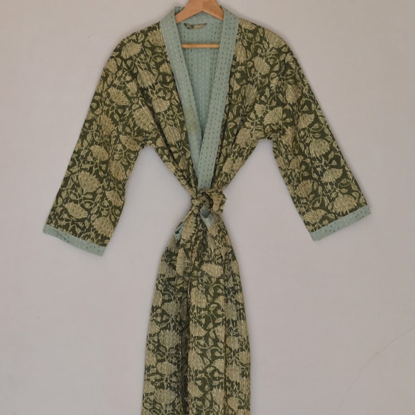 Indian Handmade Quilted Kimono, Long Wear Woman Bathrobe Kimono, Cotton Floral Printed Dressing Gown, Unisex Wear Jacket, Winter Clothing