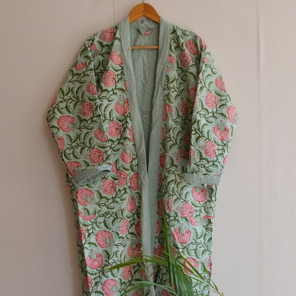 Quilted Kantha Kimono, 100% Cotton Floral Block Printed Long Kimono, Winter & Nightwear Robe, Handmade Kantha Long Jacket With Belt Bathrobe