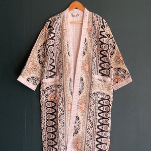 Vintage Long Kantha Quilted Kimono Coat , Winter Wear Jacket, Handmade Kantha Stitch Robe Kimono, Women Long Dress Top Bathrobe Kimono Robe