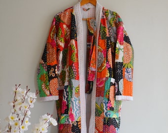 Fruit Patch Print Kantha Kimono Handmade Kantha Jackets Japanese Kimono Style Black Print Kantha Robe Winter jackets Kantha Kimono Robe Art