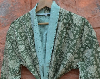 Veste courte réversible ouverte sur le devant, imprimé bloc main nouvelle collection, veste hippie indienne faite main kantha, veste kimono à fleurs