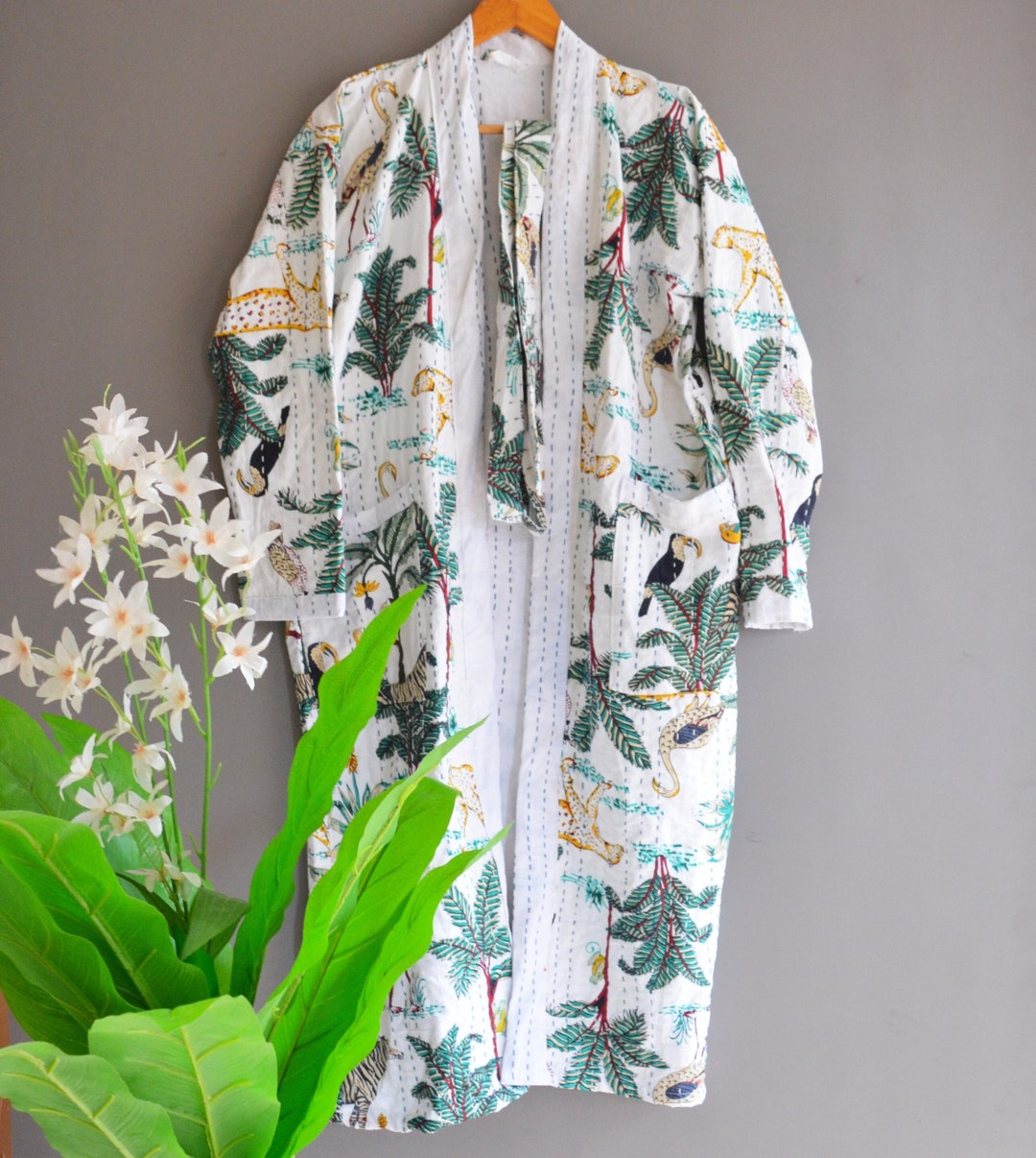 White Bath Robe,100% Cotton Indian Floral and Forest Handmade Kantha ...