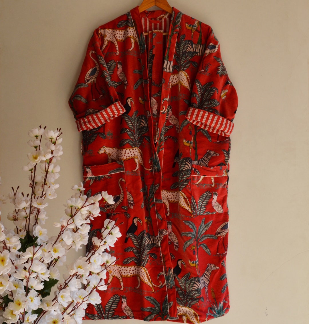 Jungle Print Women Wear Bathrobe Velvet Kimono Dress Velvet Kimono
