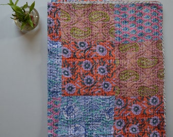 Handmade Kantha Quilt, Flower Patchwork Kantha Blanket, Pure Cotton Block Print Bedspread, Throw Kantha Sitiched Gudari Bedding Cover