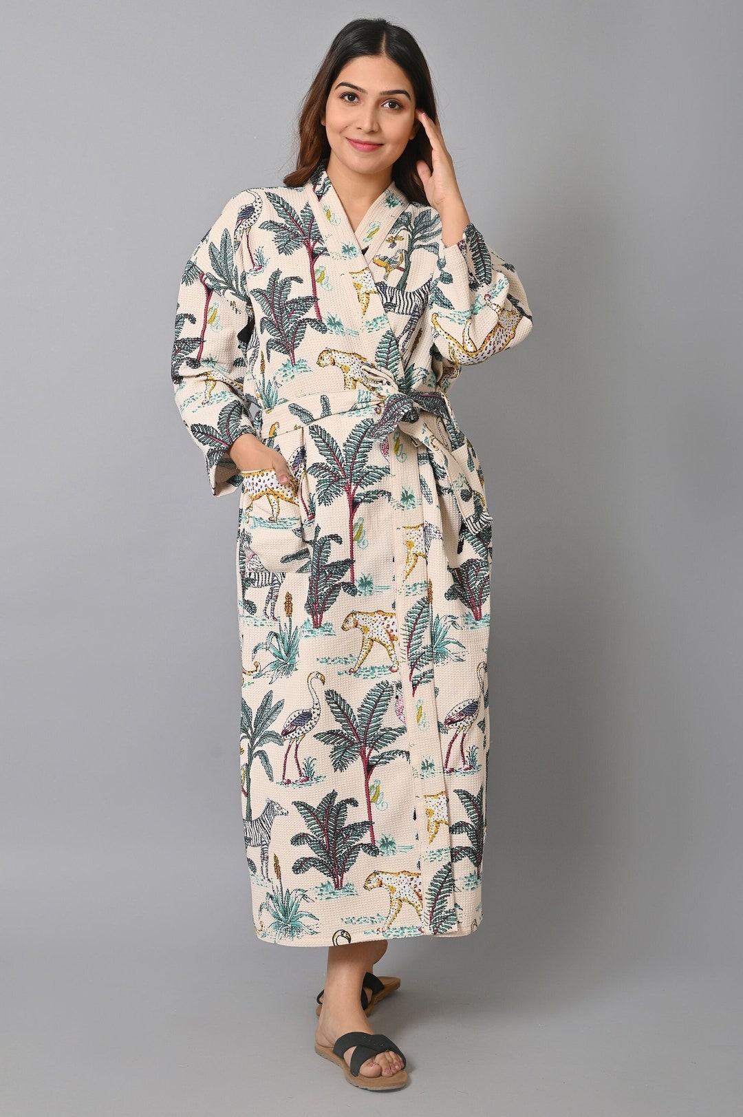 Waffle Fabric Kimono Bath Robe, Jungle Printed Long Bathrobe, Waffle