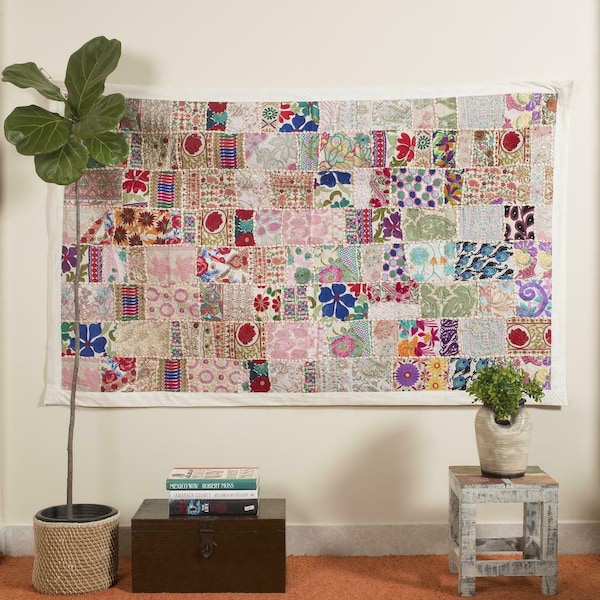 Indiase vintage Boho wandtapijt kunstgordijn, Sari patchwork muur hangende tapijt muur decor achtergrond kunst, handgemaakte muur opknoping