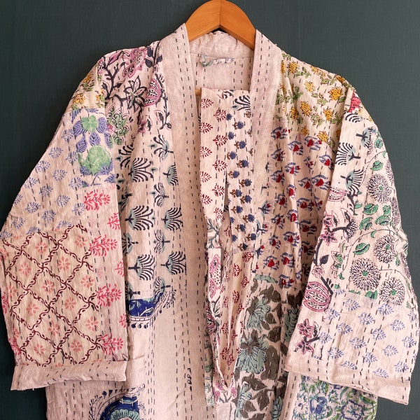 Jaipuri Print !! Patch Print Cotton Handmade Kantha Coat, Jacket Japanese kimono Beach Wear Kantha Robe, Winter Jacket Tie Belt long Coat