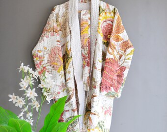 Jaipuri Print Kimono Women Wear Open Quilt Jacket, Indian Handmade Kantha Quilt Short Jacket, Block Print Dress, Winter Short Coat Suit