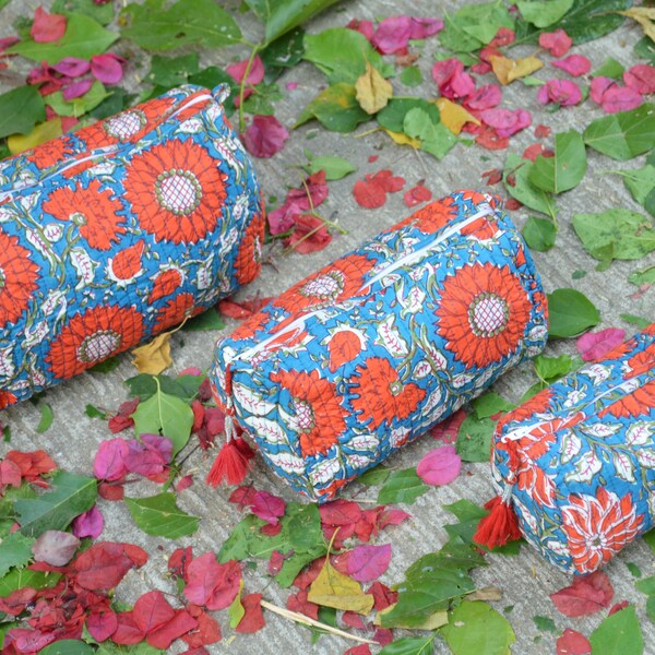 Floral Hand Block Print Toiletry Bag Storage, Gadget Bag Quilted Wash Bag Cosmetic Pouch ,Cotton Handmade Women Hand Bag Quilted Wash Bags