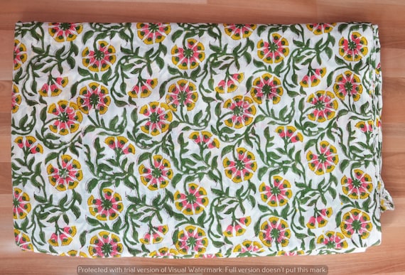 5 Yard Fabric Soft Cotton garments use hand block Print Flower Running Indian