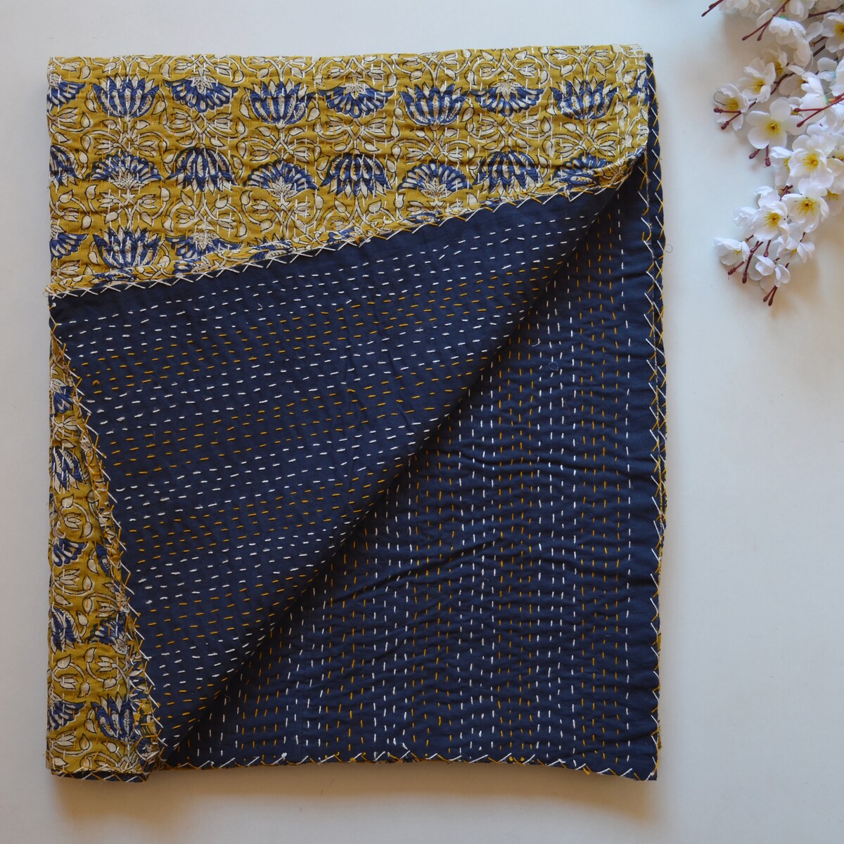 Home Decor Kantha Indian Lotus Floral Bagru Printed Kantha Organic Cotton Kantha Blanket Quilted California King Size Bedspread Kantha - Etsy