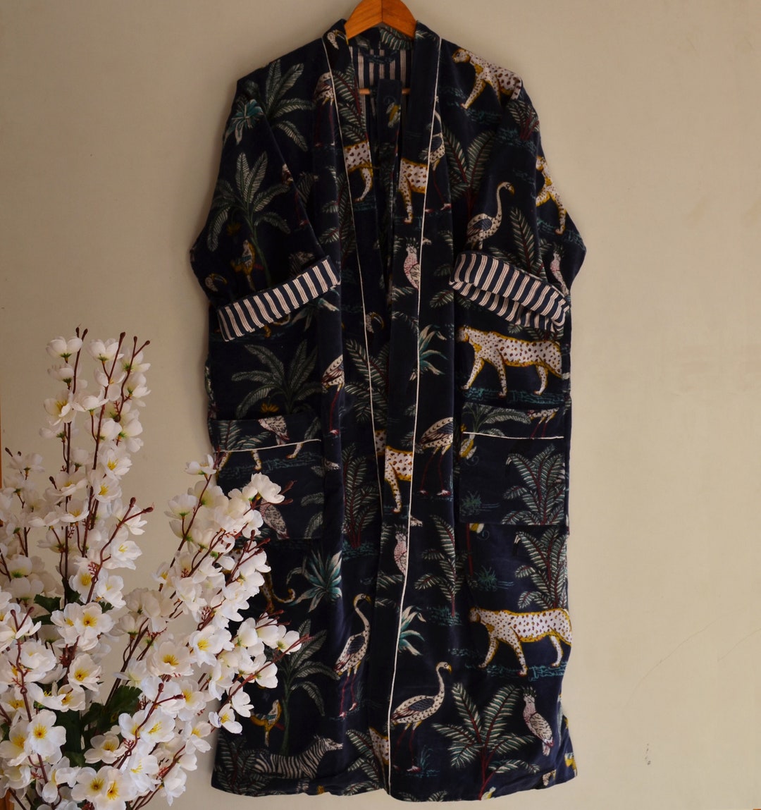 Jungle Print Women Wear Bathrobe Velvet Kimono Dress Indian Etsy