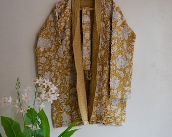 Veste d'hiver en coton, manteau court ouvert sur le devant, robe kimono en coton indien, veste imprimée à la main, manteau court en kantha pour femmes