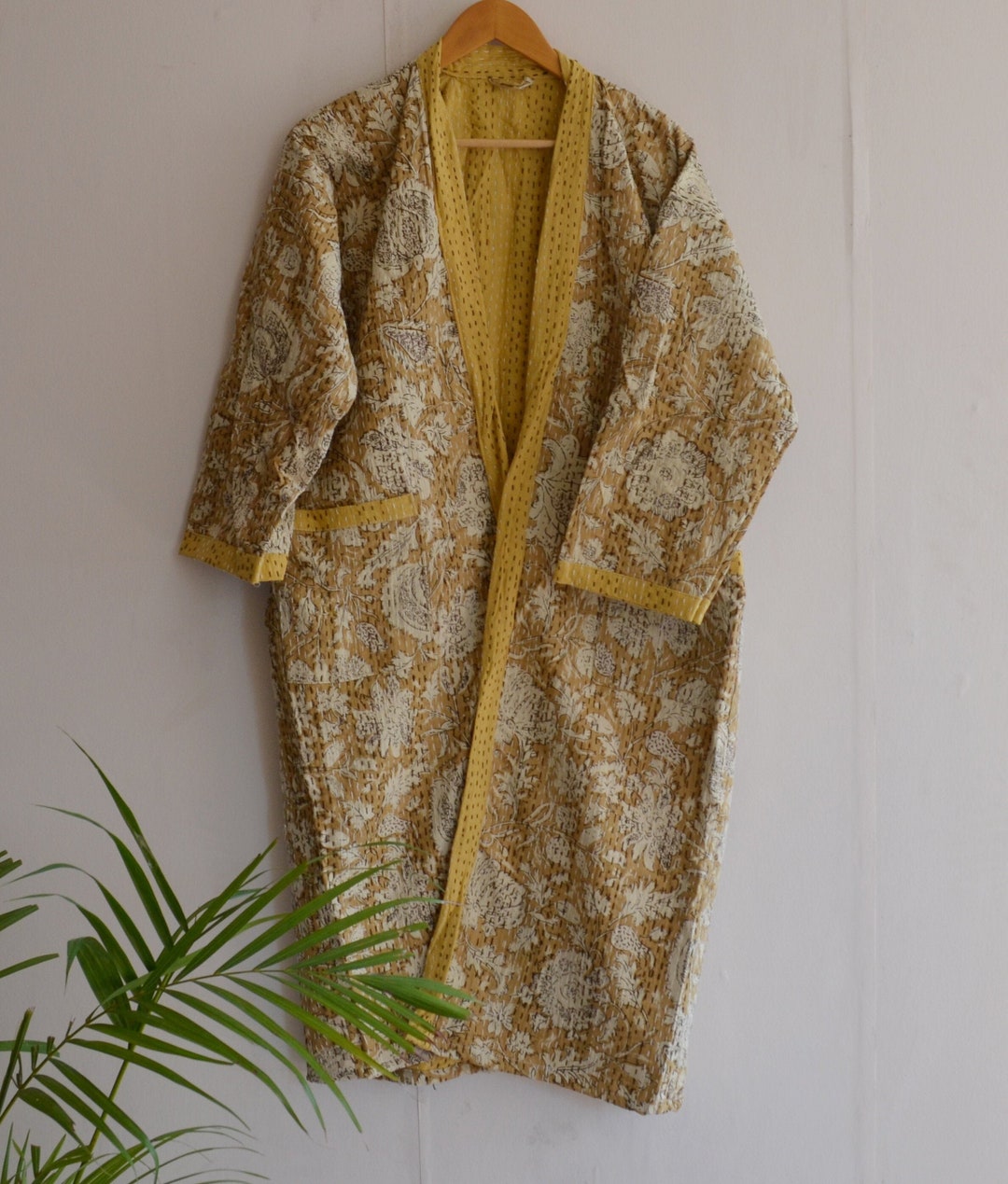 Kimono Abito Lungo In Cotone Kantha Fatto A Mano – India, Stampa Uccelli, Taglia Unica