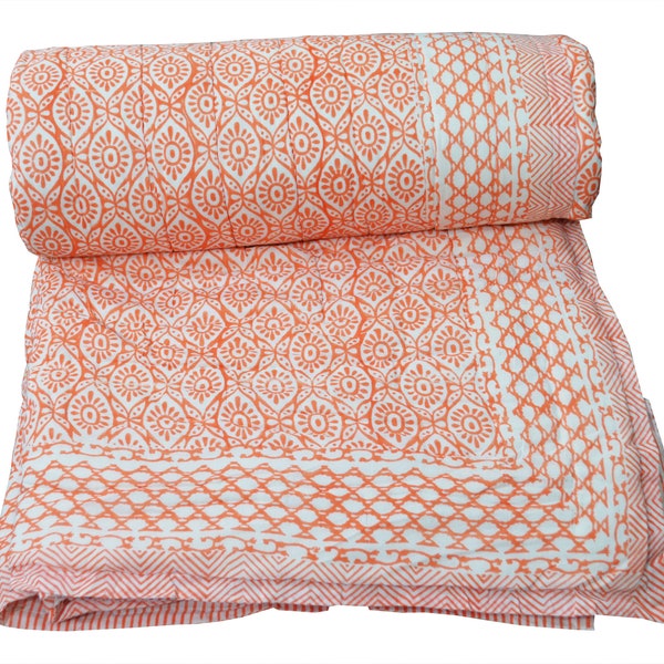 Ethnic Indian Cotton Natural Floral Printed Reversible Quilt Hand Block Print Blanket Razai Throw Traditional Handmade Light Weight Coverlet