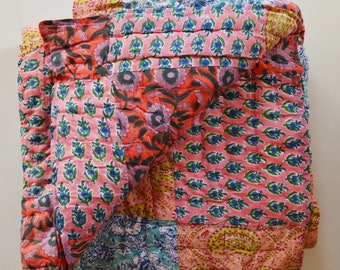 Patchwork Printed Razai, Jaipuri Print Quilt Razai Blanket, California Bed Size Razai Quilt, Winter Warm Quilt Bedspread New Floral Print