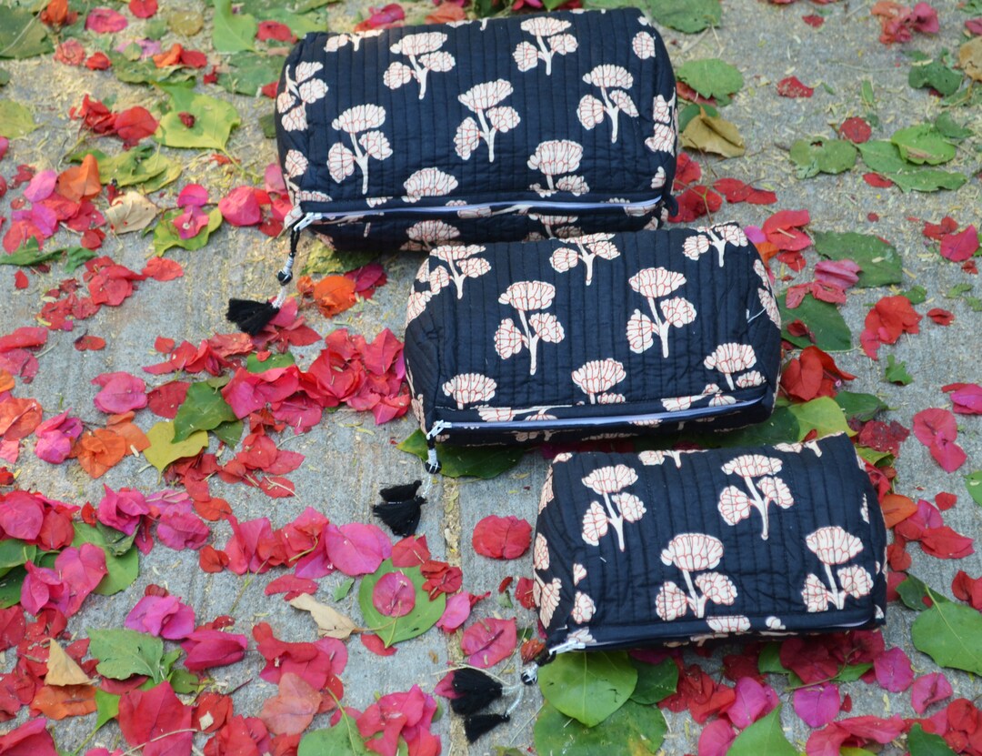 White - Handcrafted Cotton Recycled Leaf Design Cosmetic Pouch