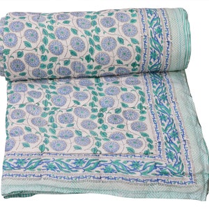 Floral Block Print Reversible Cotton Quilt, Winter Warm Bedspreads Blanket , US Twin Size Razai Quilt, Jaipuri Print Quilt Razai Blanket