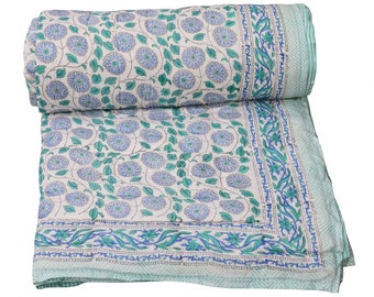 Floral Block Print Reversible Cotton Quilt, Winter Warm Bedspreads Blanket , US Twin Size Razai Quilt, Jaipuri Print Quilt Razai Blanket