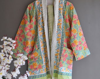 Woman Printed Kantha Jacket, Ladies Winter Short Kimono, Indian Ladies Winter Coat, Handmade Kantha Short Jacket Kimono For Christmas Gift