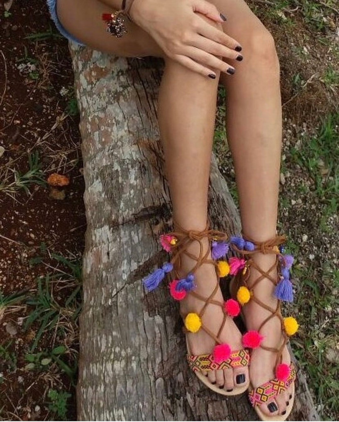 Boho Chic Gladiator Sandals With Pompoms Etsy