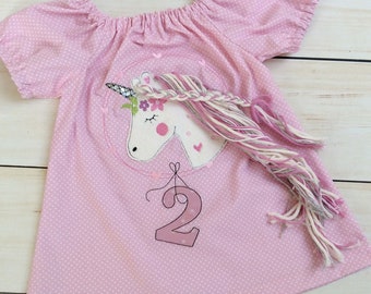 Geburtstagsbluse mit Einhorn und Zahl Tunika mit Pferd Wollmähne bestickt Geburtstagsshirt Zahlenshirt Baumwollbluse personalisiert