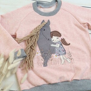 Organic sweatshirt sweater with horse with wool mane embroidered hoodie cotton shirt raglan long sleeve birthday gift for girls