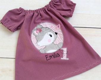 BIO- Baumwollbluse Geburtstagsbluse für Mädchen Tunika mit Fuchs bestickt Zahlenshirt Bluse personalisiert