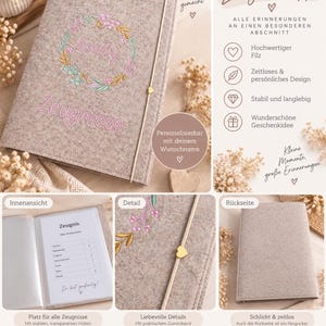 May include: A light gray felt document folder featuring an embroidered floral wreath with the name Emily and the word Zeugnisse in pink thread. The folder includes a thin elastic band with a small gold heart charm and clear internal sleeves.