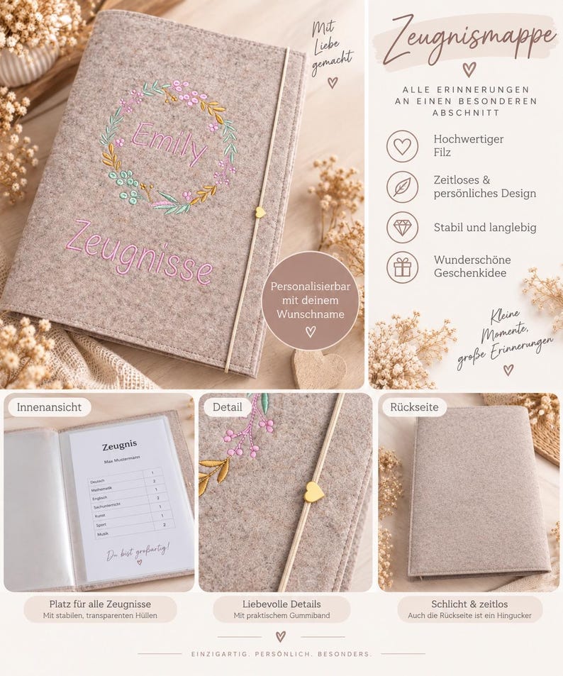 May include: A light gray felt document folder featuring an embroidered floral wreath with the name Emily and the word Zeugnisse in pink thread. The folder includes a thin elastic band with a small gold heart charm and clear internal sleeves.