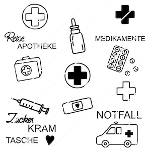 Puede incluir: Dibujos lineales en blanco y negro de símbolos y elementos médicos, incluyendo una cruz, un frasco de medicina, un botiquín, una jeringa, una venda, pastillas y una ambulancia. El texto incluye "Reiseapotheke" y "NOTFALL".