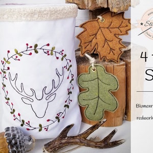 Flower tendril deer - redwork embroidery file