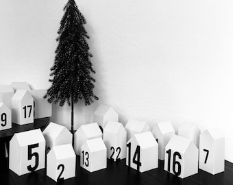 Adventskalender Häuschen Bastelset weiß-schwarz Zahlen