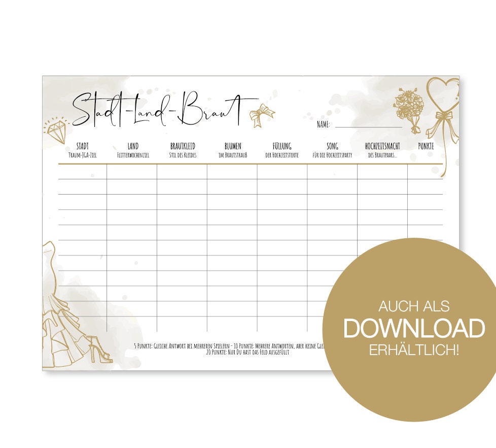 JGA Spiel Stadt-Land-Braut Spiel Girlsedition PDF zum Download - Etsy.de