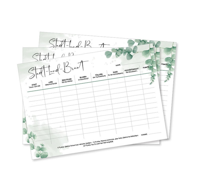 JGA Spiel Stadt-Land-Braut Spiel Eukalyptus PDF zum Ausdrucken - Etsy.de