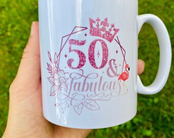 Birthday, 50 and fabulous, girlfriend, boyfriend, birthday, gift, flamingo, personalized mug