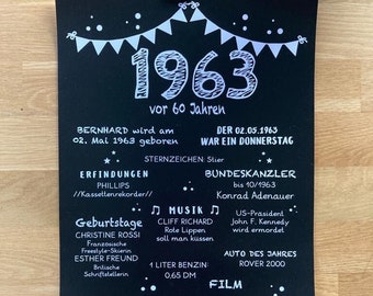 60 Geburtstag, Poster, Meilensteintafel zum 60. Geburtstag, Personalisiertes Geschenk, Witziges Geschenk, Außergewöhnlich, 1963