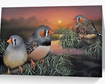 Zebra Finches Greeting Card, Australian Bird Art, Oil Painting on Canvas, Gifts for all Occasions