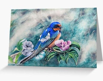 Bluebird Greeting Card, Australian Bird Art, Gourache Painting, Gifts for all Occasions, Welcome Swallow with Pink Flowers