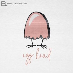 Peut inclure: Une tête en forme d'œuf rose avec un dessus blanc et des pattes noires. Le texte "egg head" est écrit sous l'image.