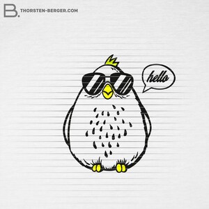 Pode incluir: Um pássaro de desenho animado usando óculos de sol e um bico amarelo diz "olá" em um balão de fala. O pássaro é branco com manchas pretas e é desenhado em um fundo branco com linhas cinzas.