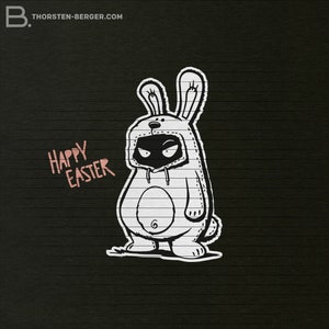 Pode incluir: Uma ilustração em preto e branco de um coelho vestindo um moletom com o texto "Feliz Páscoa" em rosa.
